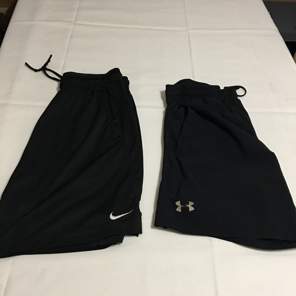 Lot of 2 Nike Under Armour Athletic Shorts Mens Medium Black Drawstring Pockets
